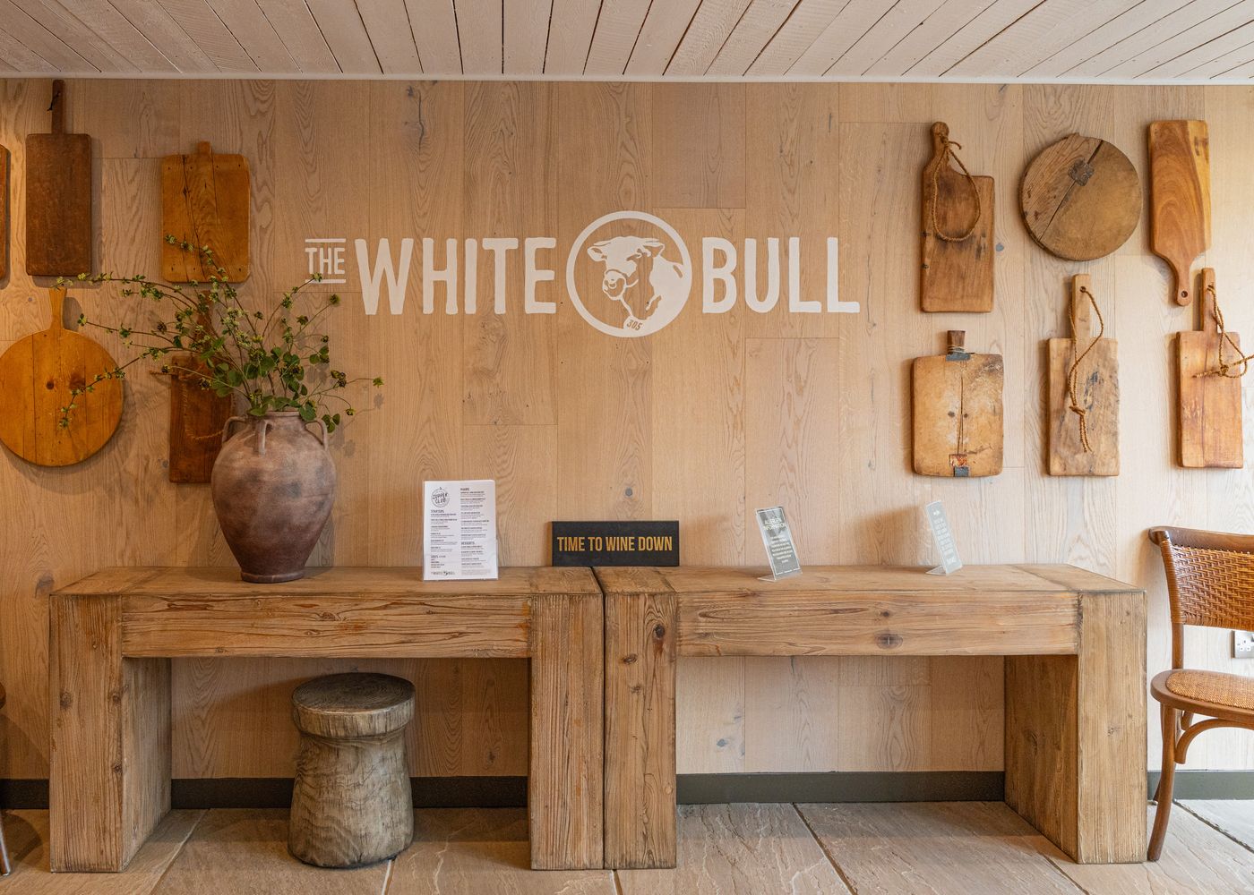 The White Bull name on the new oak-panelled entrance wall
