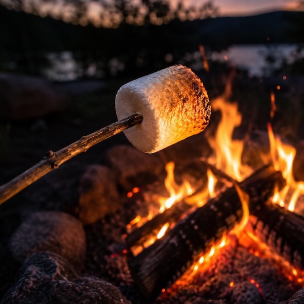 Toasting marshmallows over the fire pit