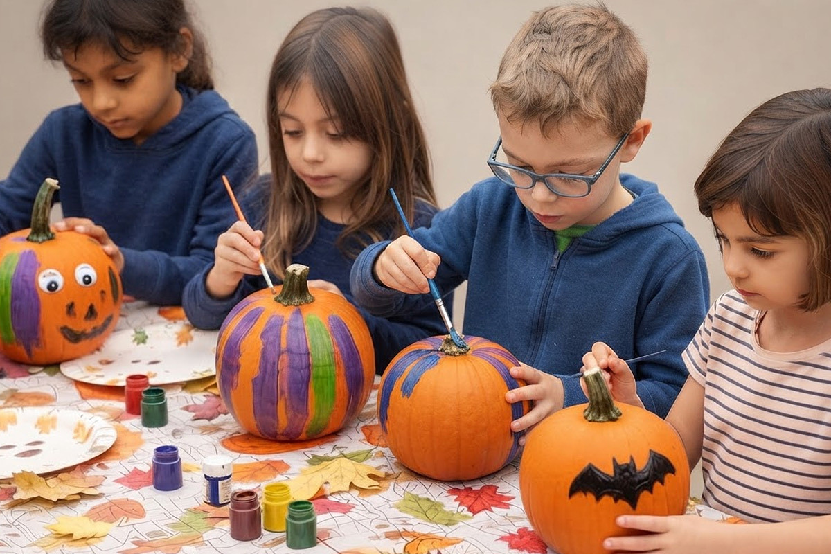 Children painting pumpkins at a craft table