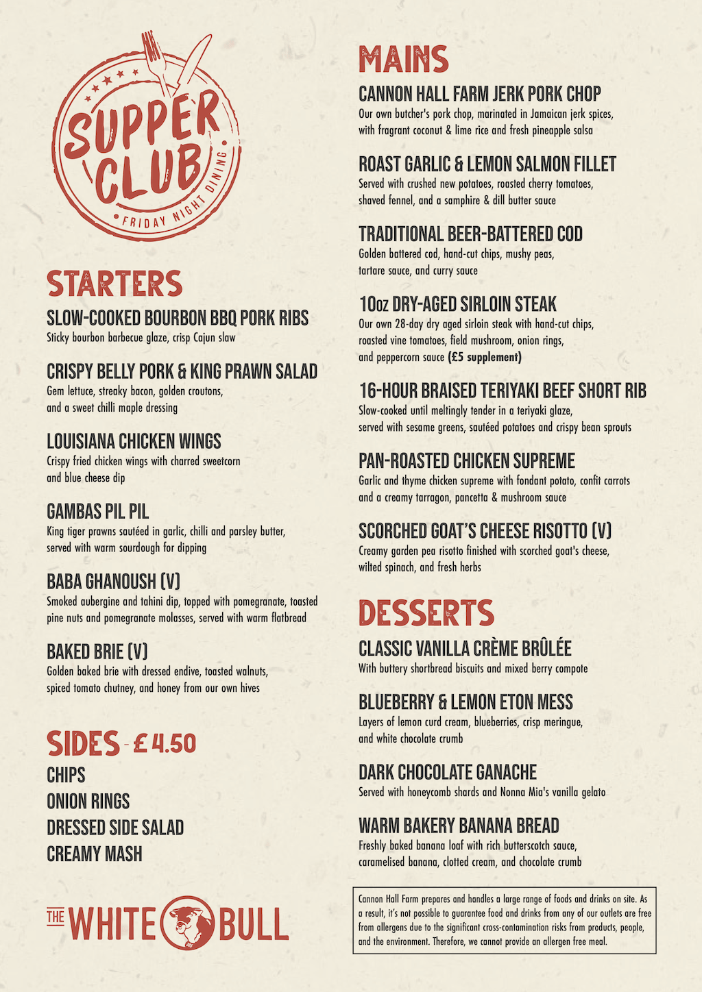 Supper Club menu — Starters, Mains, Sides £4.50, Desserts. 2 courses £30, 3 courses £35.